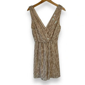 Express Beige Sequin Wrap‎ V Neck Sleeveless Mini Dress Women's Size M Glam